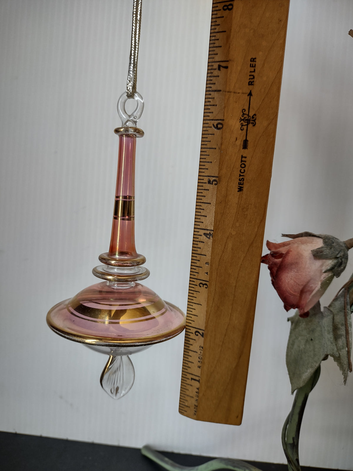 Vintage Pink & Gold Art Glass Hanging Finial Spinner Ornament 6" [8060n]