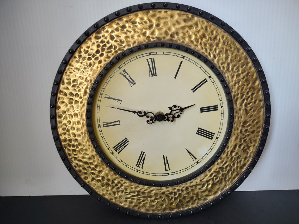 Vintage Hammered Gold Brass Round Wall Clock Roman Numeral 12" [7443]