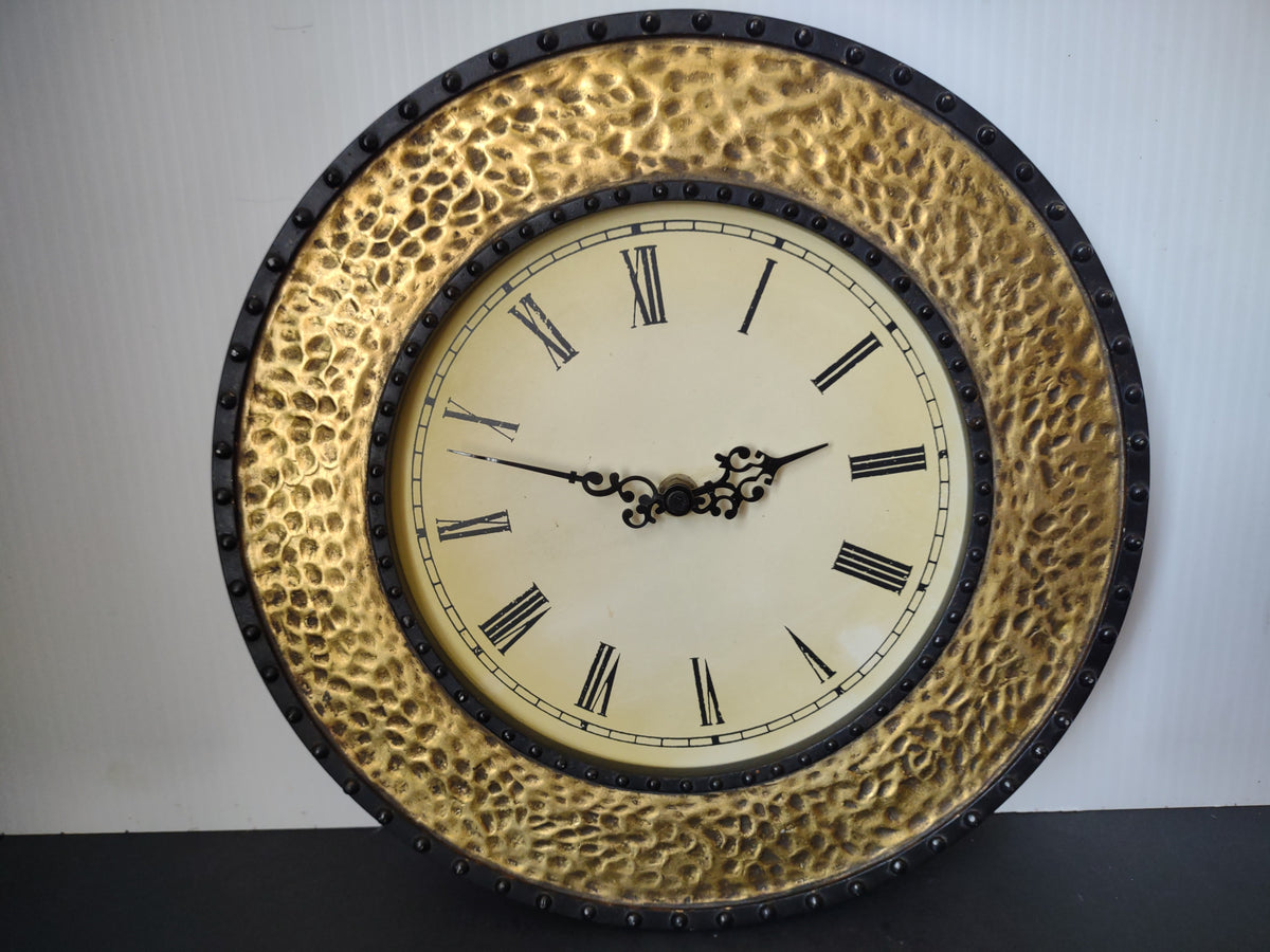 Vintage Hammered Gold Brass Round Wall Clock Roman Numeral 12" [7443]