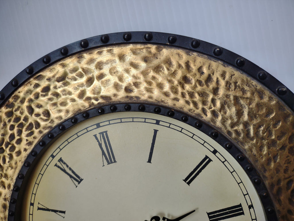 Vintage Hammered Gold Brass Round Wall Clock Roman Numeral 12" [7443]