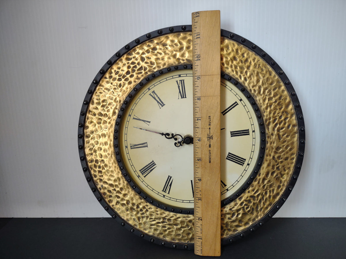 Vintage hammered gold brass round wall clock with ruler showing approximately 12 inch diameter
