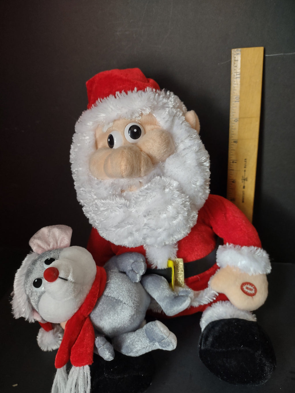 Vintage Hug and Luv singing Santa and mouse plush set with ruler showing approximately 10-11 inch height