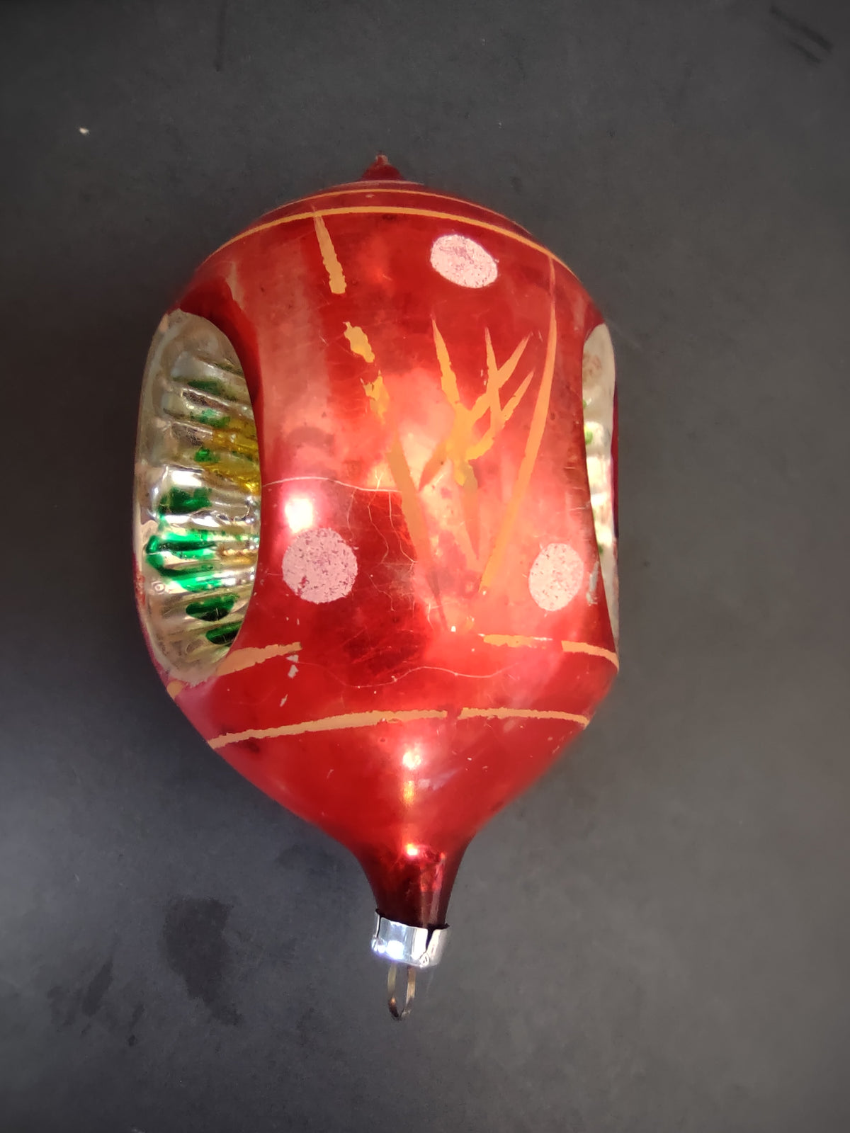 Vintage Red Glass 4" Teardrop Christmas Ornament 3 Indents [8064n]