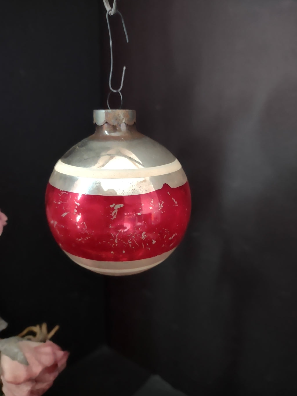 Vintage Red & Silver Christmas Ornament Made in US of A [8067]