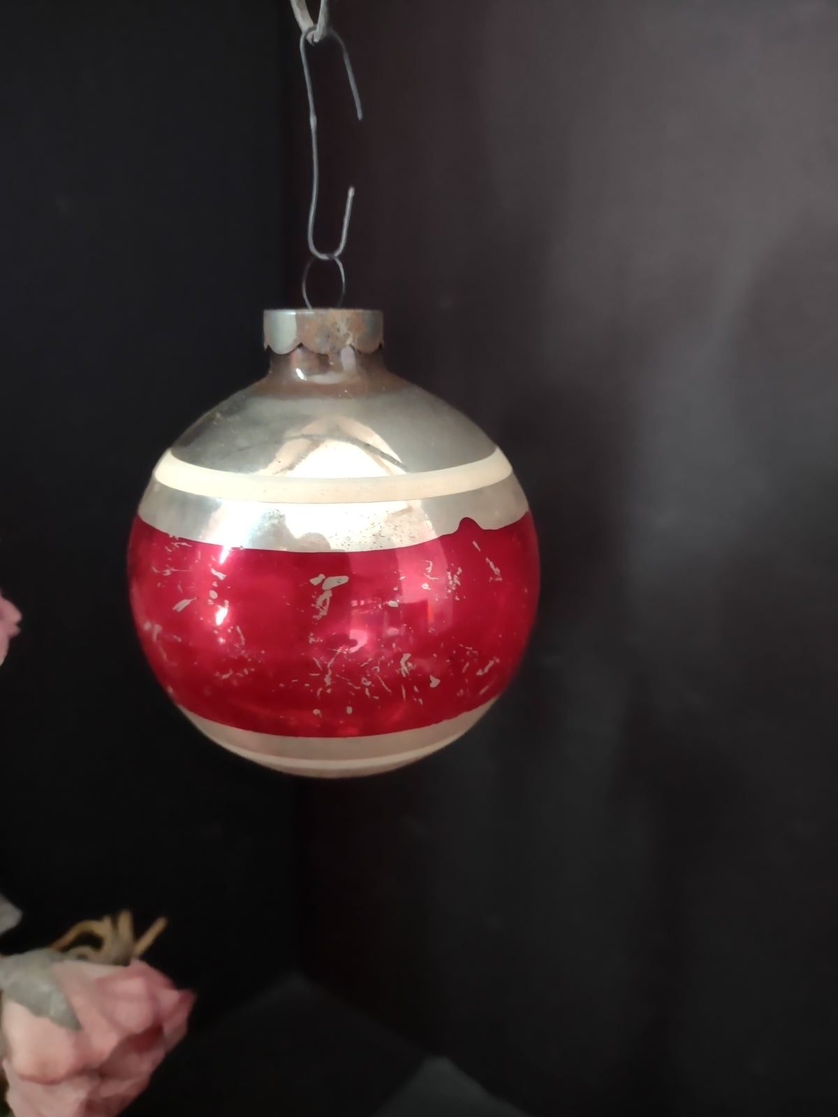 Vintage Red & Silver Christmas Ornament Made in US of A [8067]