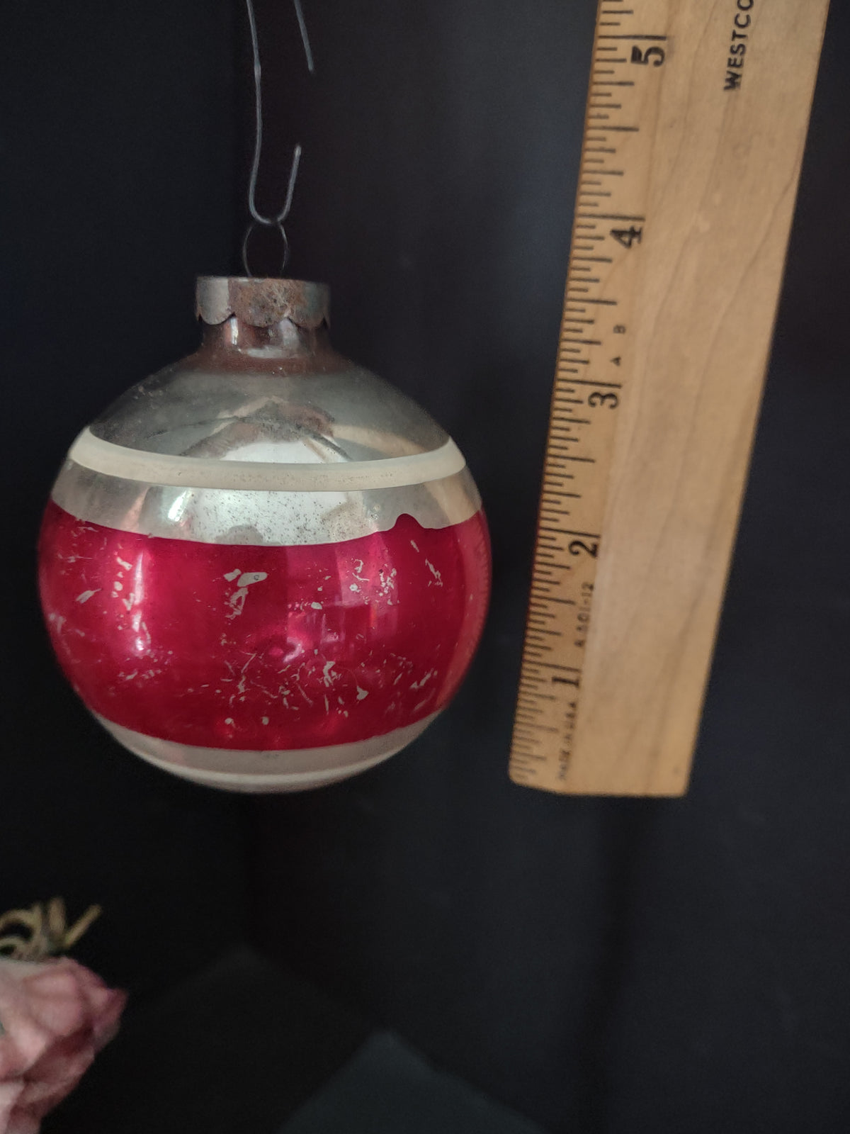 Vintage Red & Silver Christmas Ornament Made in US of A [8067]