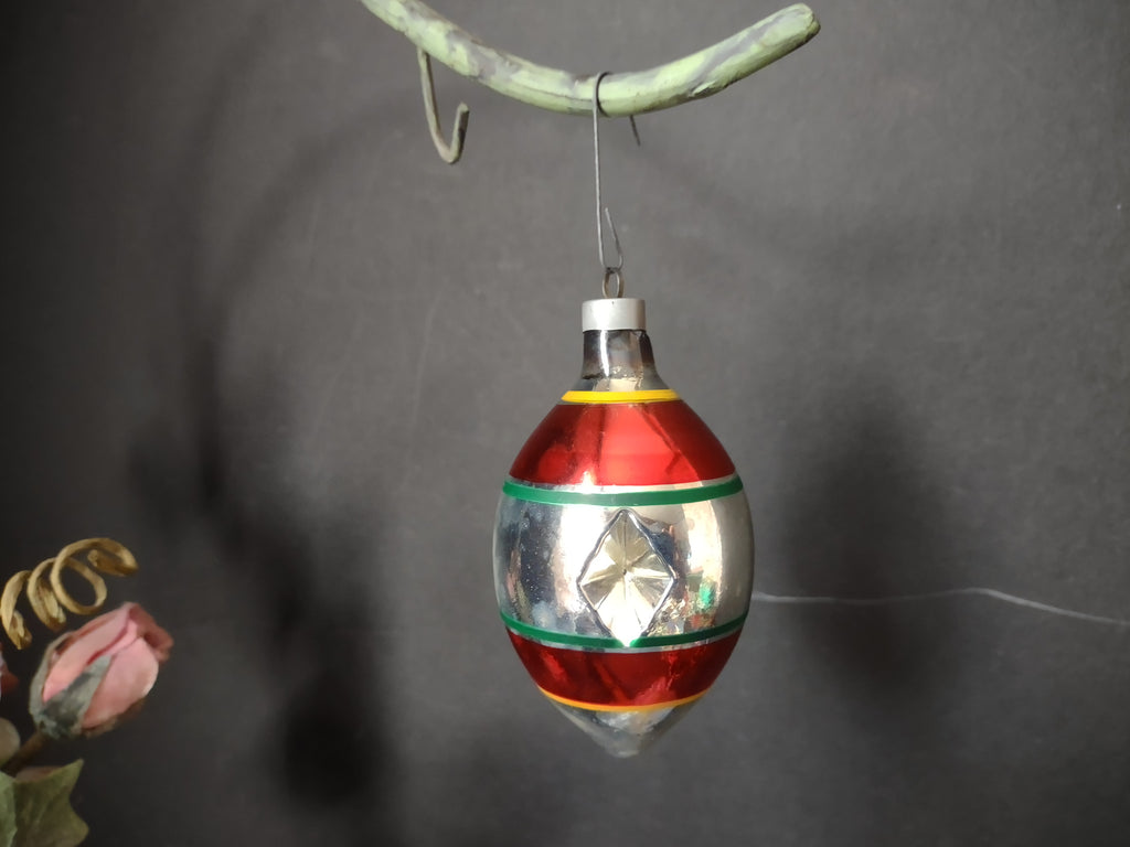 Vintage Red Silver Green Glass Christmas Ornament Diamond Indent IMPERFECT [8068n]