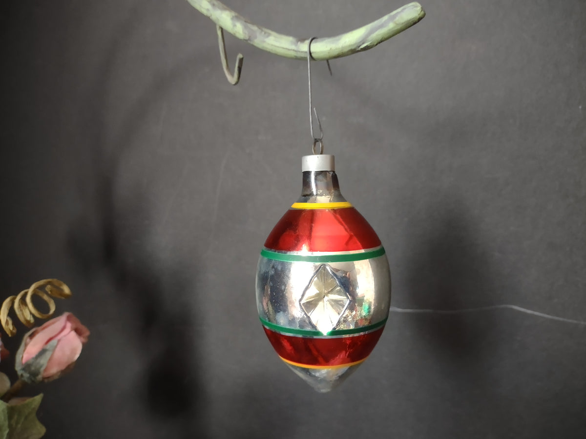 Vintage Red Silver Green Glass Christmas Ornament Diamond Indent IMPERFECT [8068n]