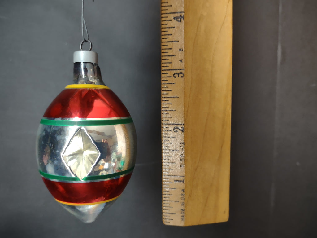 Vintage Red Silver Green Glass Christmas Ornament Diamond Indent IMPERFECT [8068n]