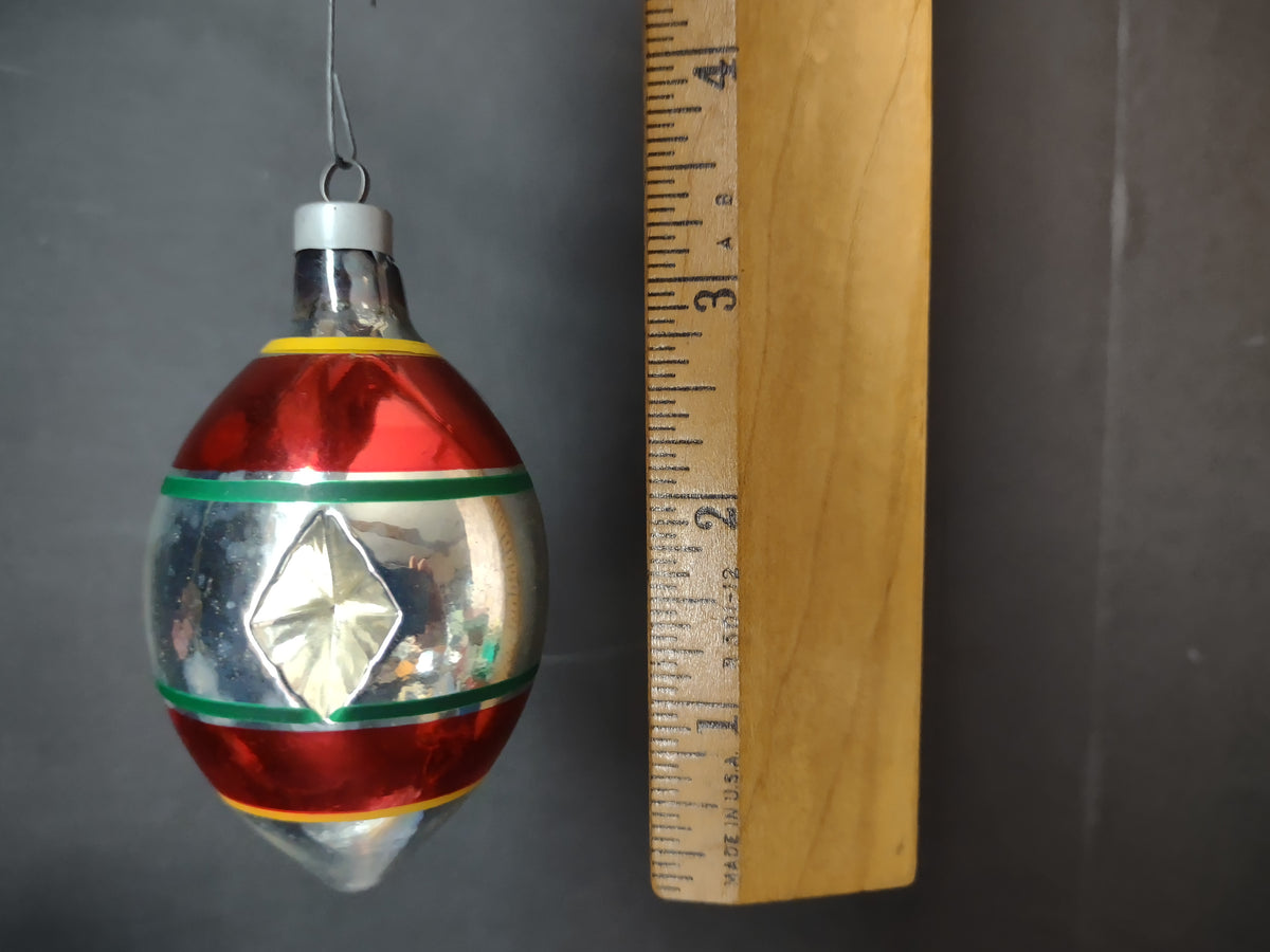 Vintage Red Silver Green Glass Christmas Ornament Diamond Indent IMPERFECT [8068n]