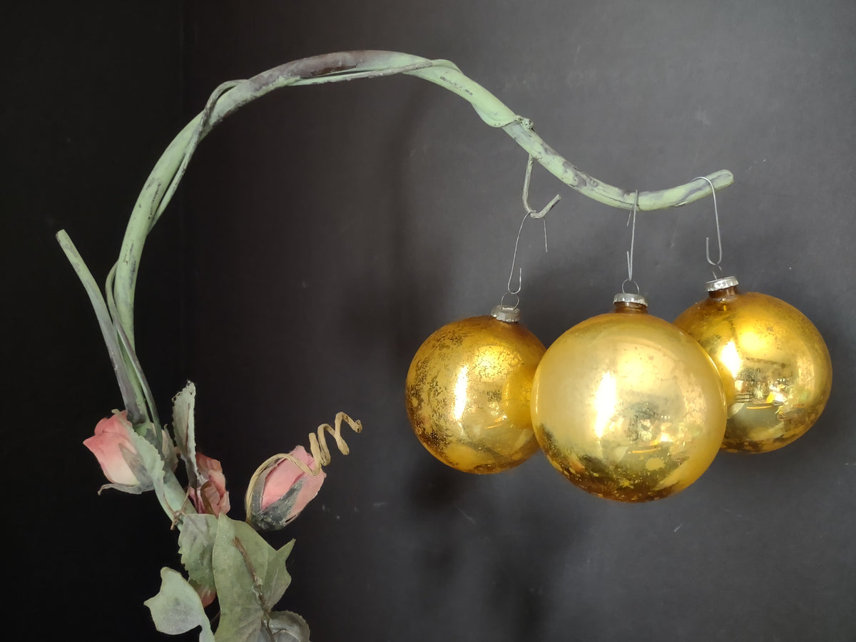 Vintage Set of 3 Gold Glass Christmas Ball Ornaments Japan [8069n]