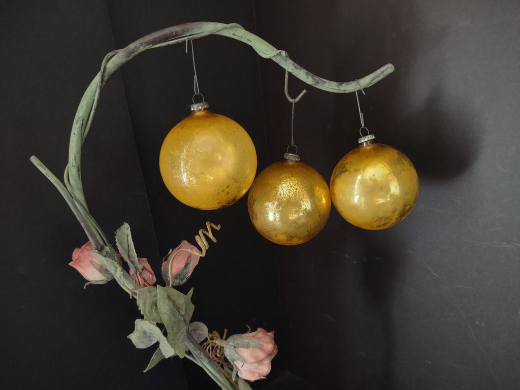 Vintage Set of 3 Gold Glass Christmas Ball Ornaments Japan [8069n]