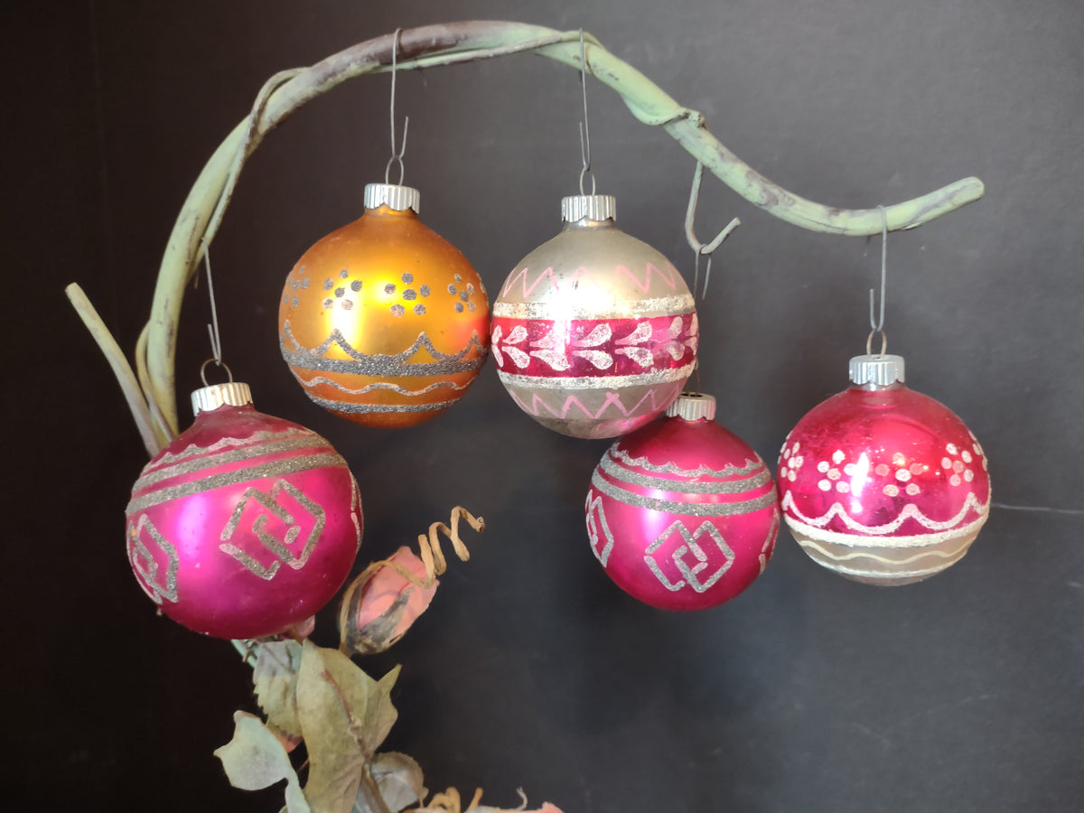 Vintage Shiny Brite Mica 2" Glass Christmas Ornaments Set of 5 [8076n]