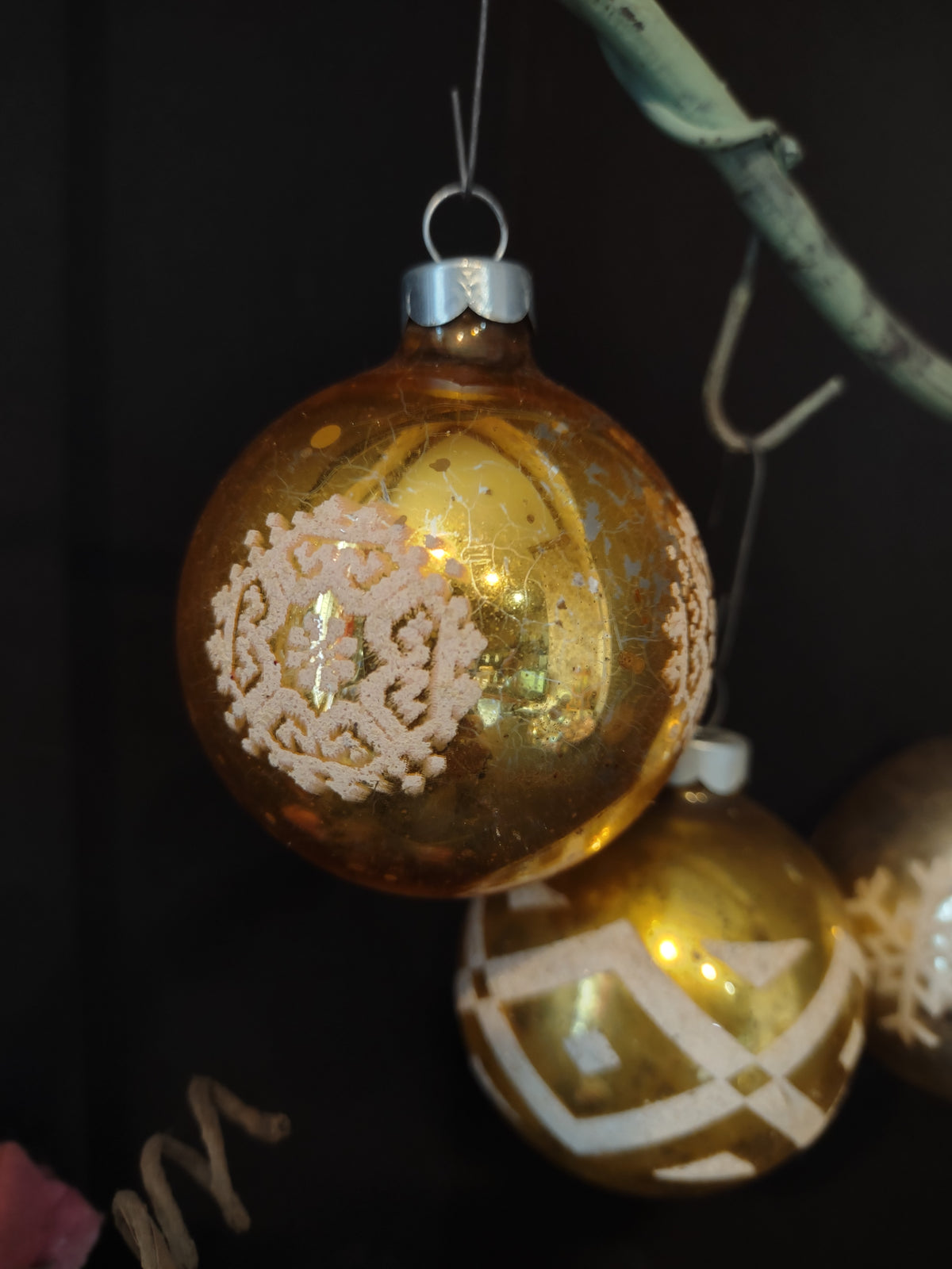 Vintage Made in USA 2" Gold Silver Glass Christmas Ornaments Set 3 [8077n]