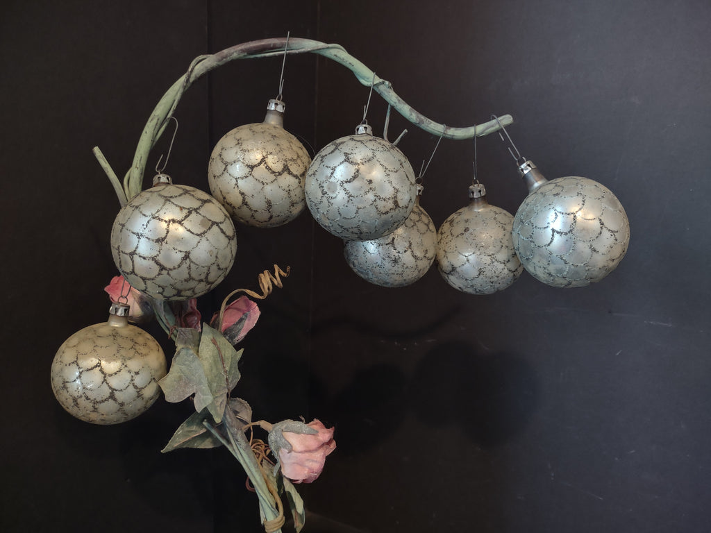 Vintage Silvered Mercury Glass 7-Ball Christmas Ornament Set, Poland 2 in [8080]