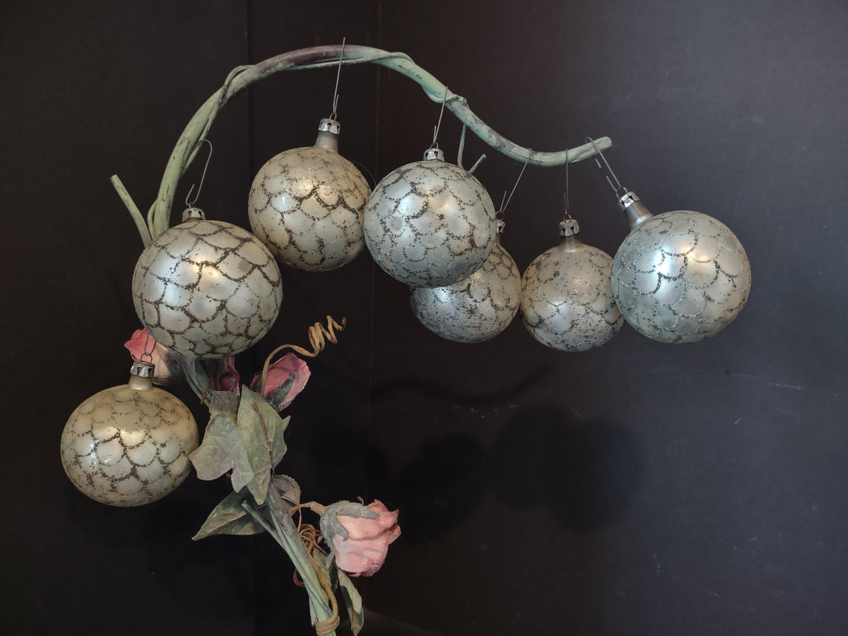 Vintage Silvered Mercury Glass 7-Ball Christmas Ornament Set, Poland 2 in [8080]
