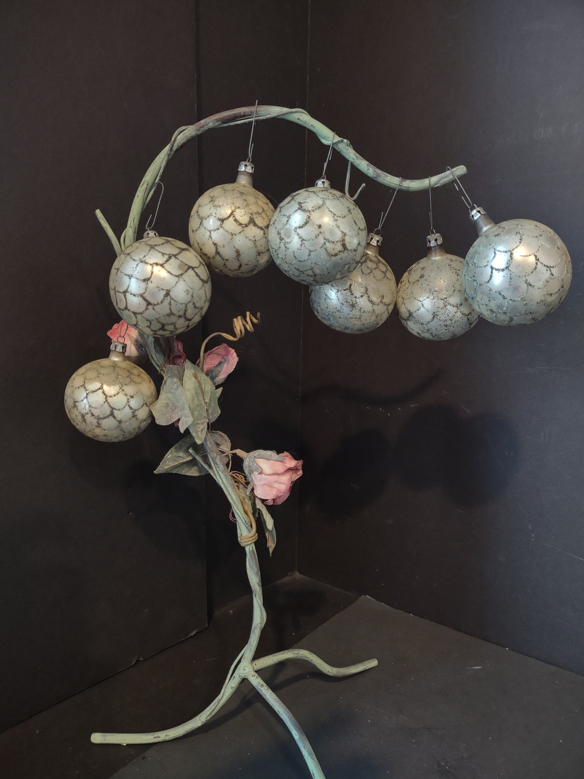 Vintage Silvered Mercury Glass 7-Ball Christmas Ornament Set, Poland 2 in [8080]