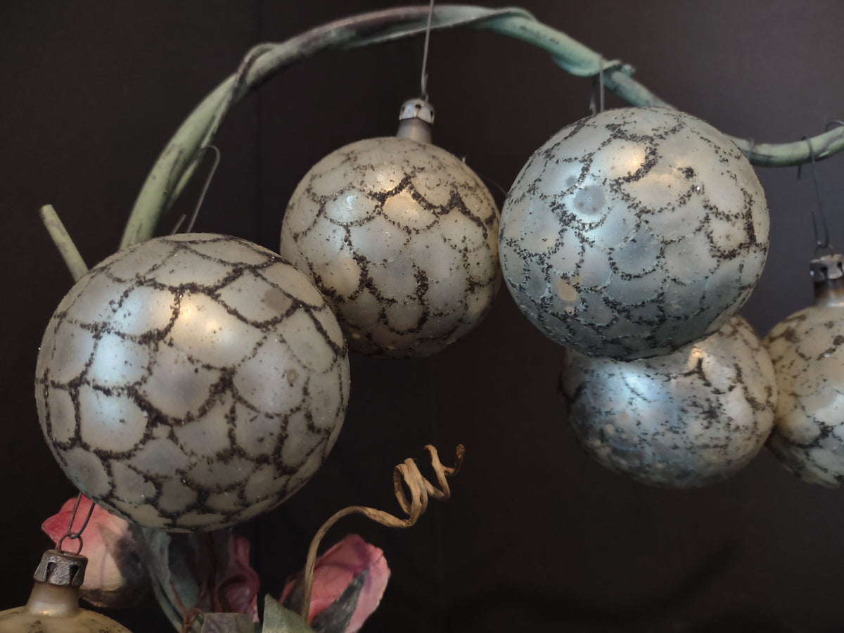Vintage Silvered Mercury Glass 7-Ball Christmas Ornament Set, Poland 2 in [8080]