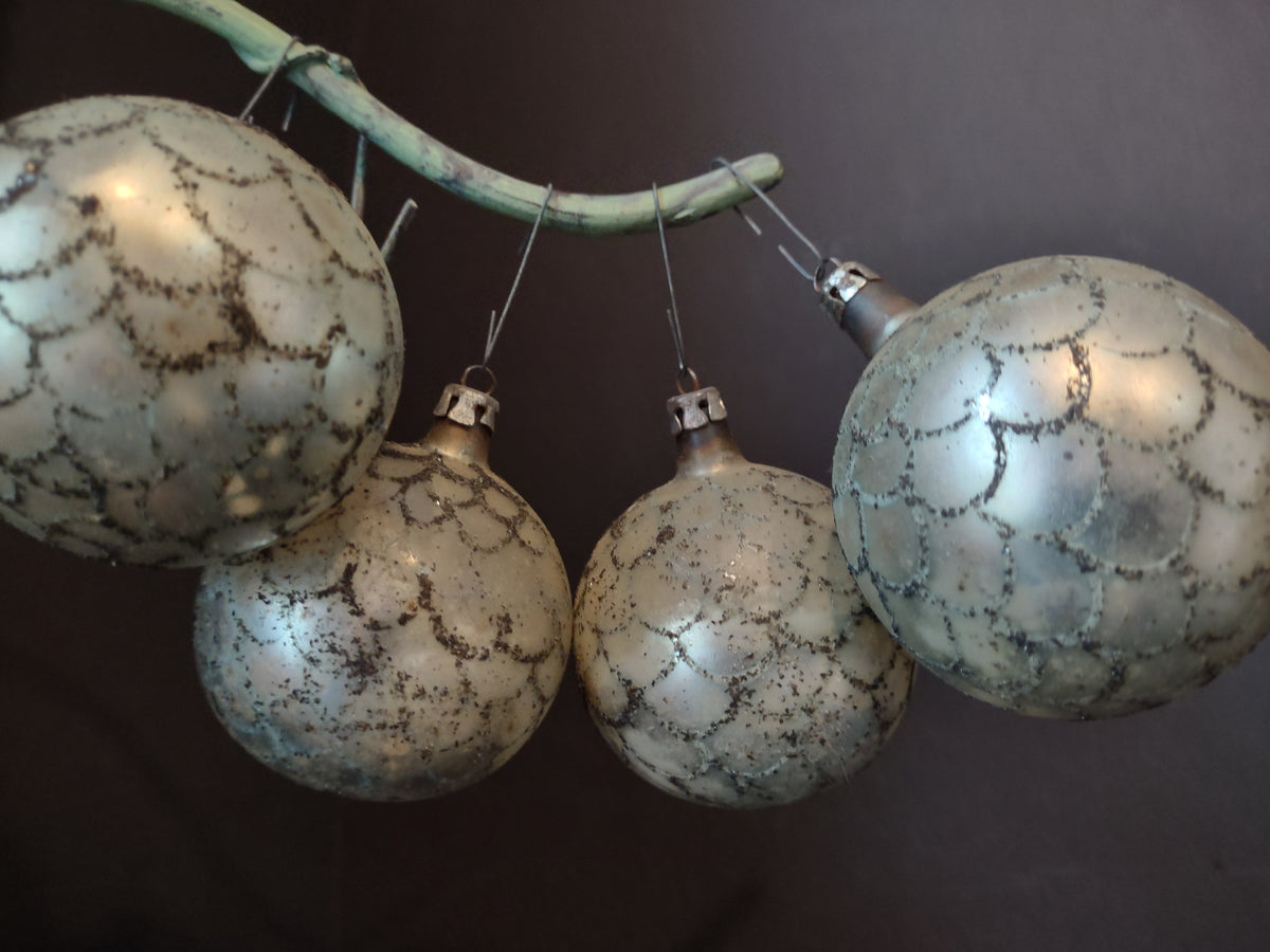 Vintage Silvered Mercury Glass 7-Ball Christmas Ornament Set, Poland 2 in [8080]