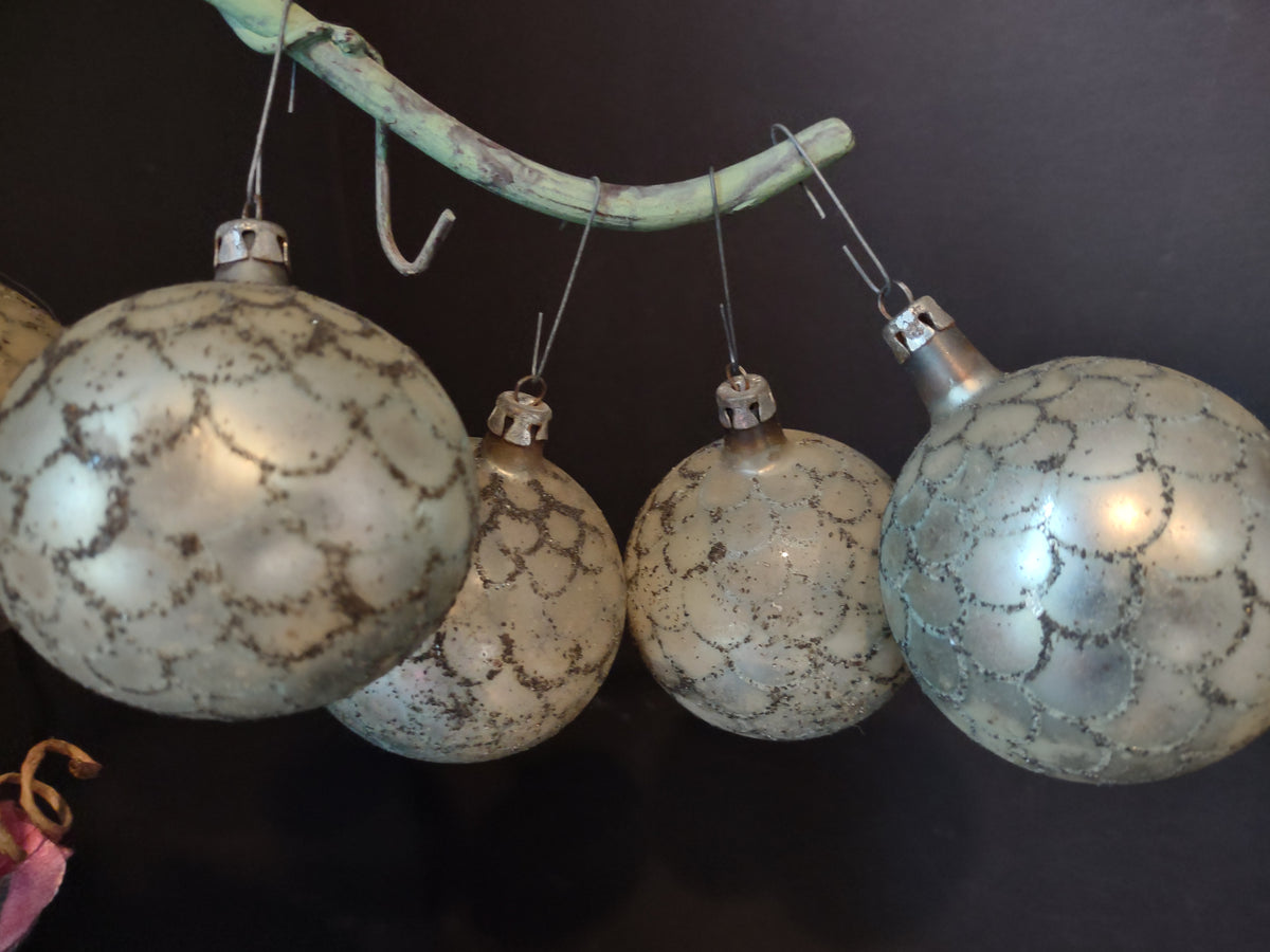 Vintage Silvered Mercury Glass 7-Ball Christmas Ornament Set, Poland 2 in [8080]