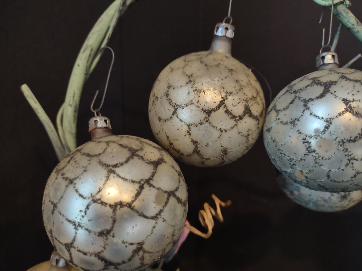 Vintage Silvered Mercury Glass 7-Ball Christmas Ornament Set, Poland 2 in [8080]