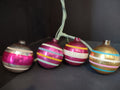 Vintage Christmas Striped Ornaments, Pink, Gold, White & Blue-Green, Set of 4 [8081]