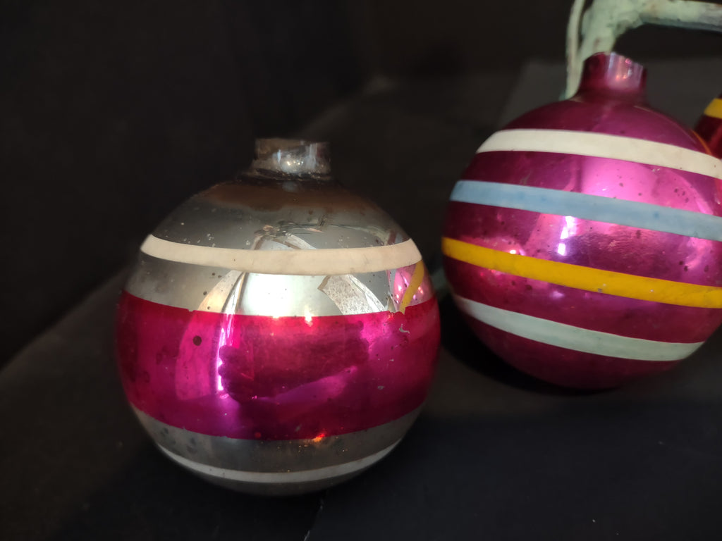 Vintage Christmas Striped Ornaments, Pink, Gold, White & Blue-Green, Set of 4 [8081]