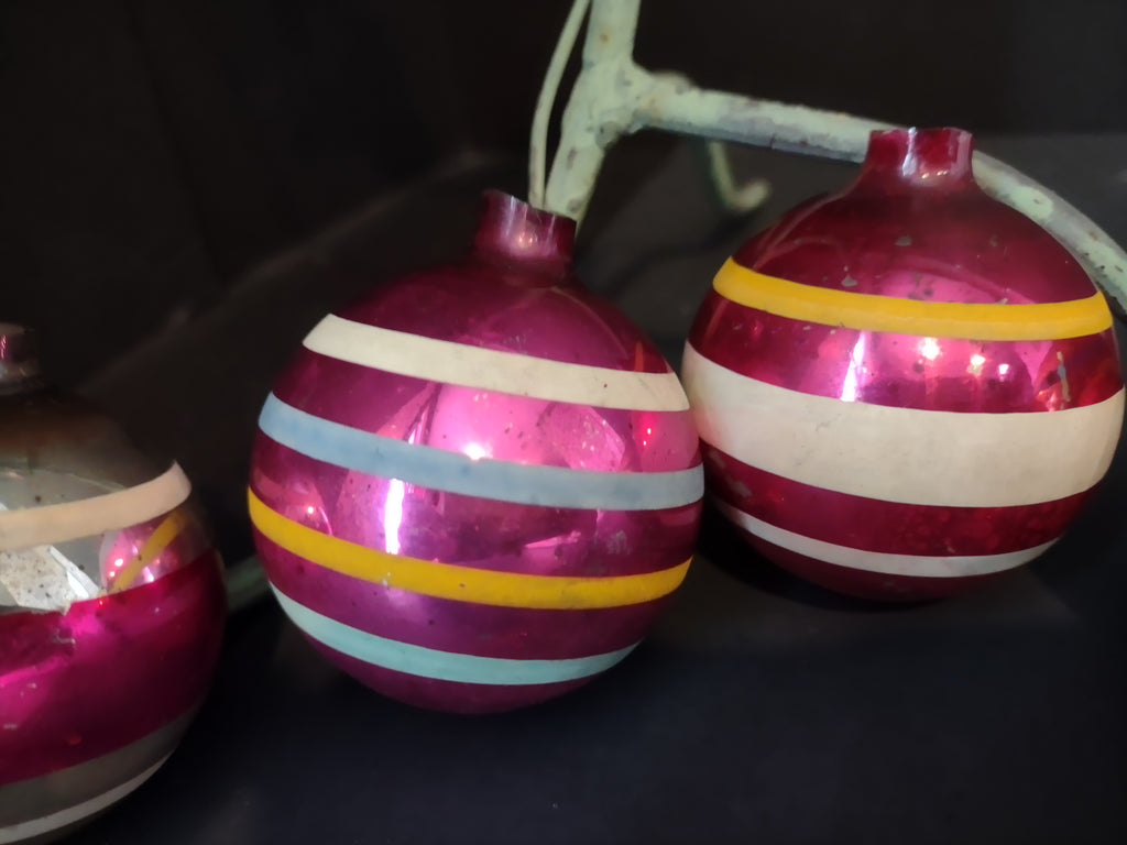 Vintage Christmas Striped Ornaments, Pink, Gold, White & Blue-Green, Set of 4 [8081]