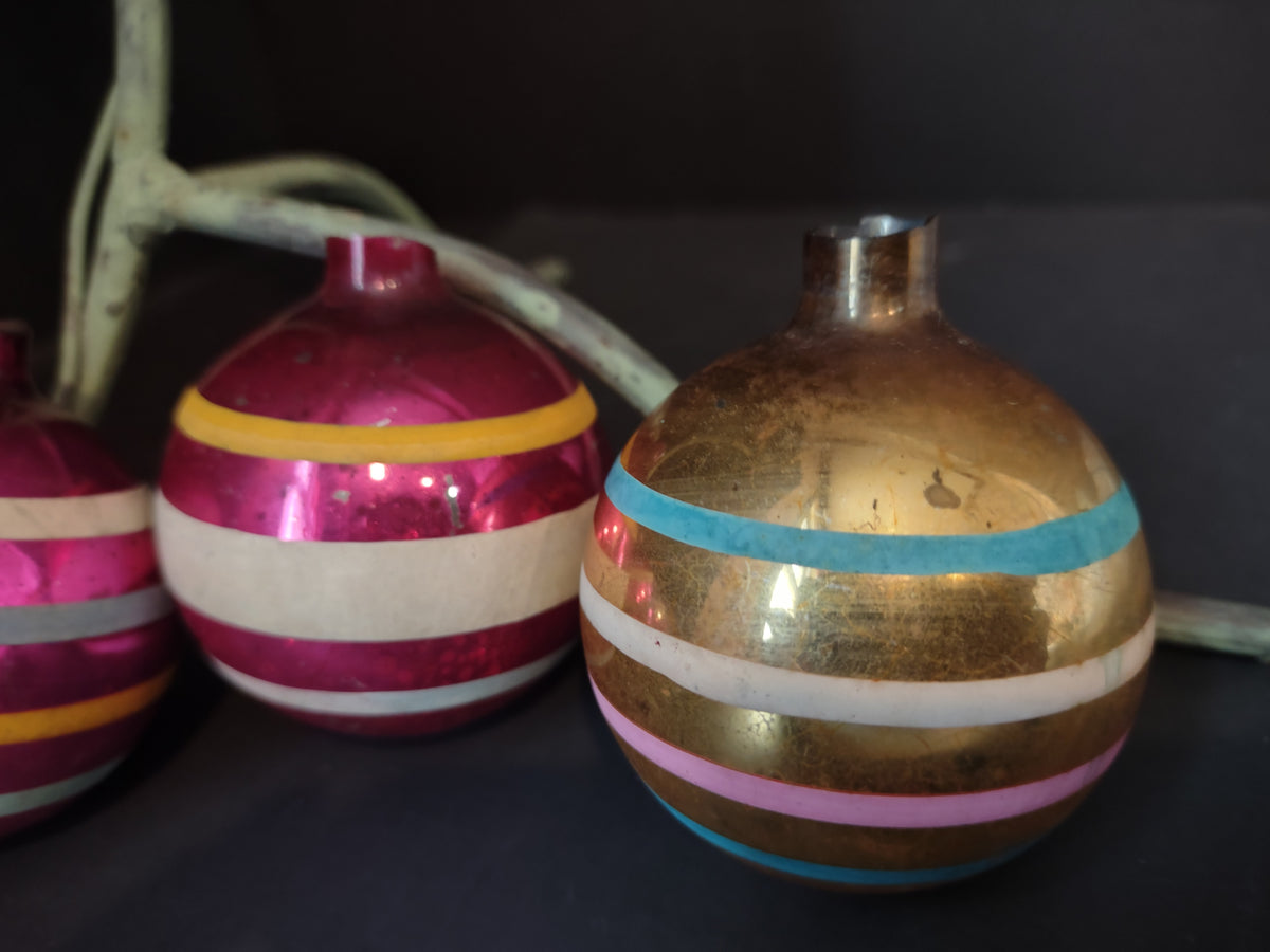Vintage Christmas Striped Ornaments, Pink, Gold, White & Blue-Green, Set of 4 [8081]