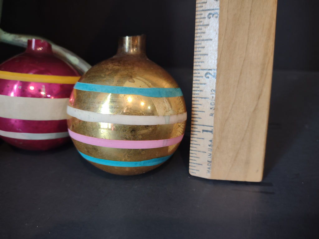 Vintage Christmas Striped Ornaments, Pink, Gold, White & Blue-Green, Set of 4 [8081]