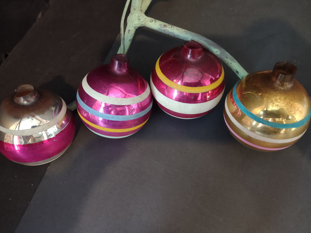 Vintage Christmas Striped Ornaments, Pink, Gold, White & Blue-Green, Set of 4 [8081]