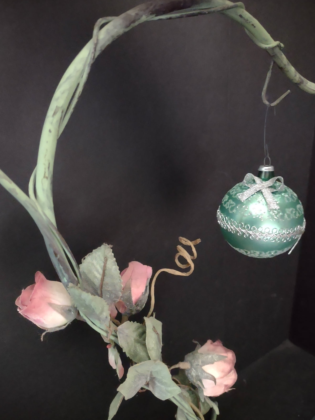 Vintage Green Christmas Ornament, Silver Bow & Trim, Merry Christmas [8082]