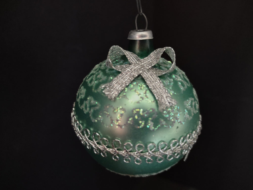 Vintage Green Christmas Ornament, Silver Bow & Trim, Merry Christmas [8082]