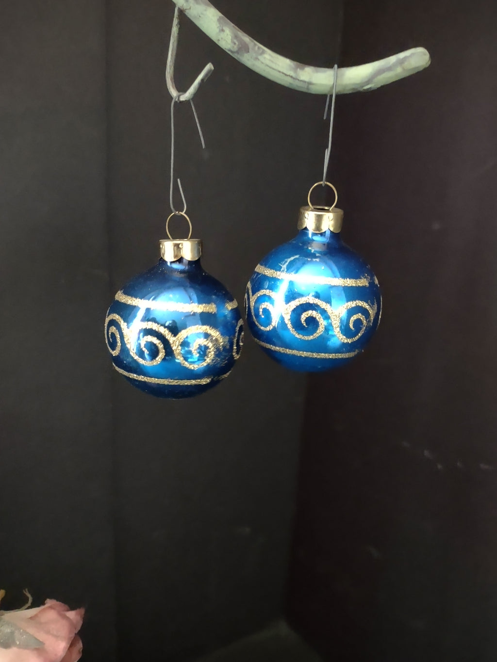Vintage Rauch Blue Christmas Ornaments Gold Scrollwork Pair Set 1.5 Inch [8084]