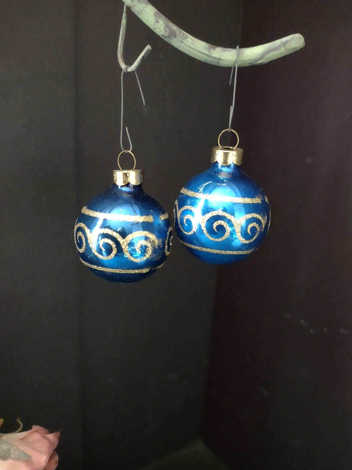 Vintage Rauch Blue Christmas Ornaments Gold Scrollwork Pair Set 1.5 Inch [8084]