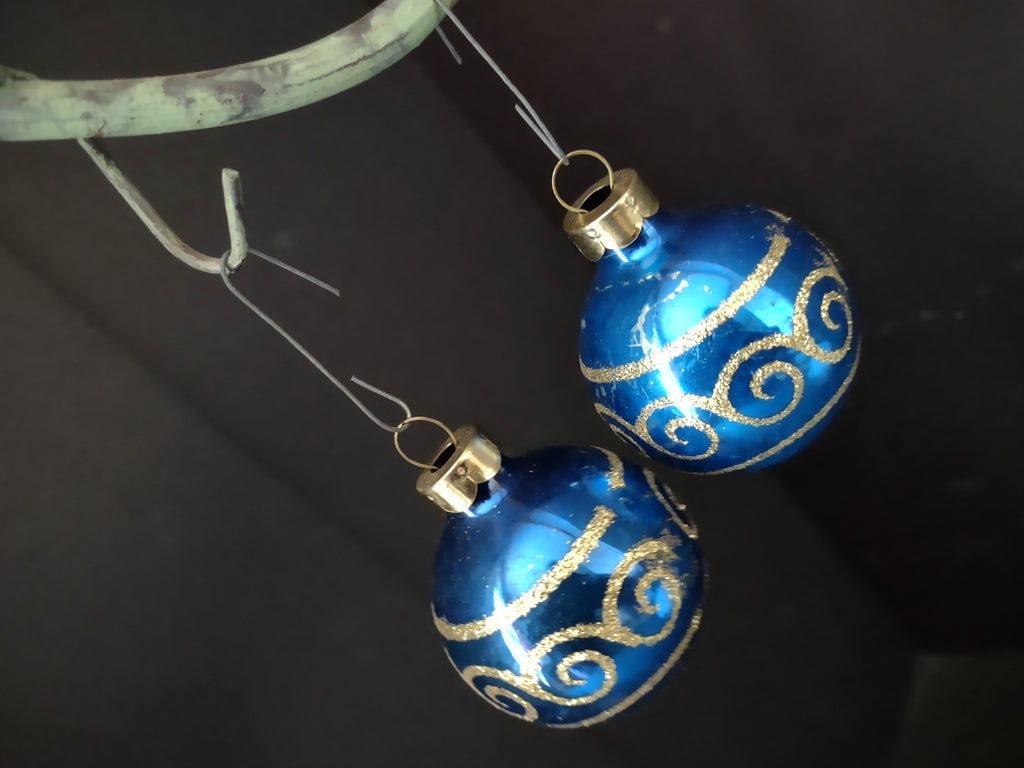 Vintage Rauch Blue Christmas Ornaments Gold Scrollwork Pair Set 1.5 Inch [8084]