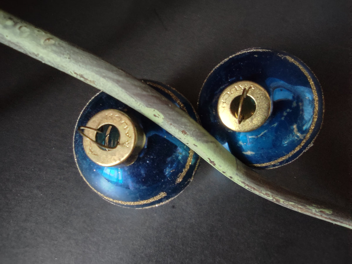 Vintage Rauch Blue Christmas Ornaments Gold Scrollwork Pair Set 1.5 Inch [8084]