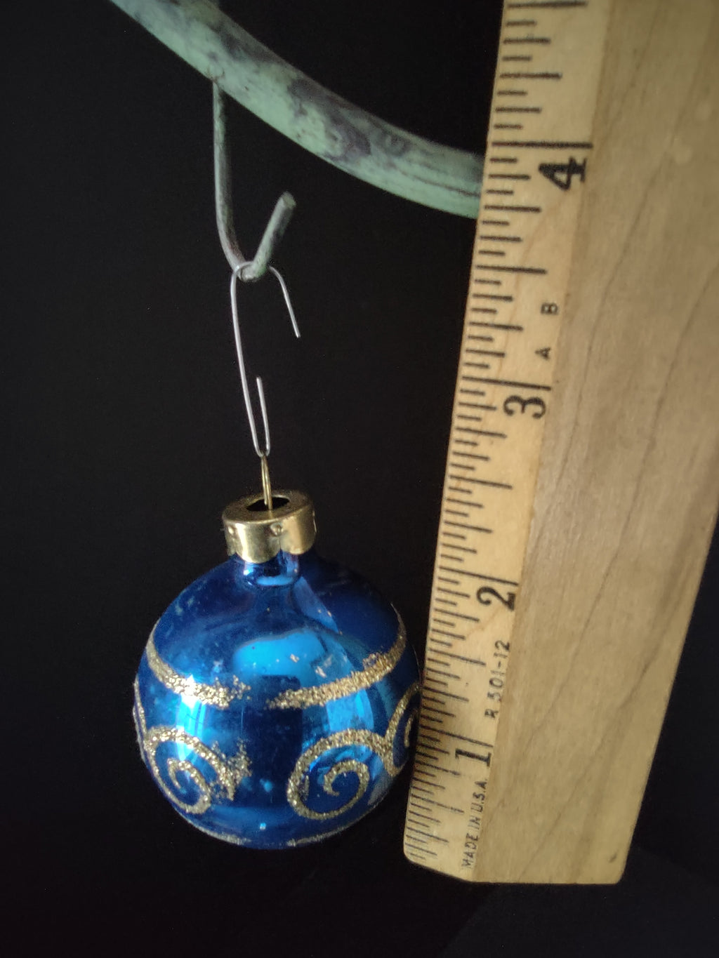 Vintage Rauch Blue Christmas Ornaments Gold Scrollwork Pair Set 1.5 Inch [8084]