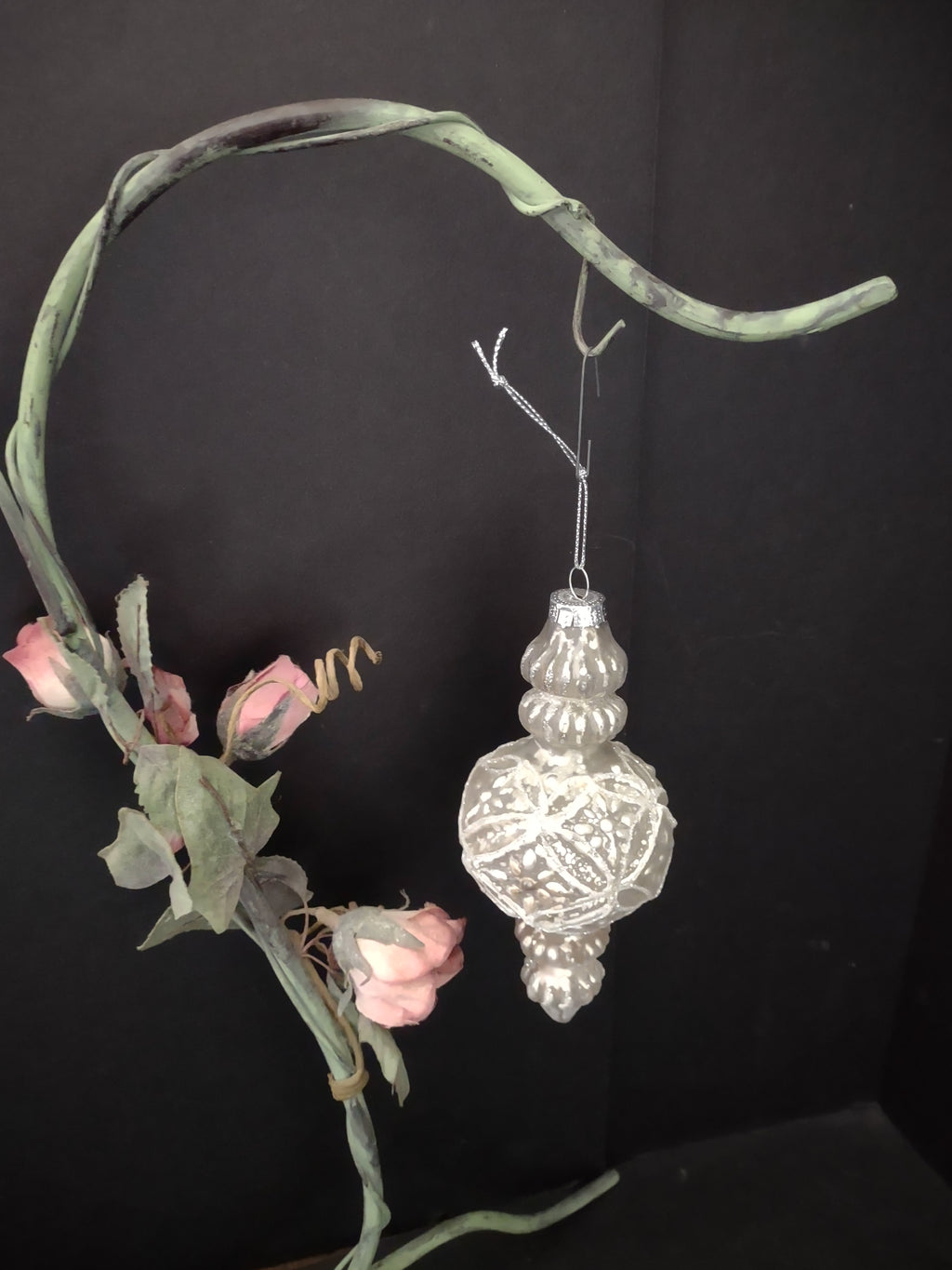 Vintage Christmas Ornament Glass Silvered Ornate Finial 6 Inch [8086]