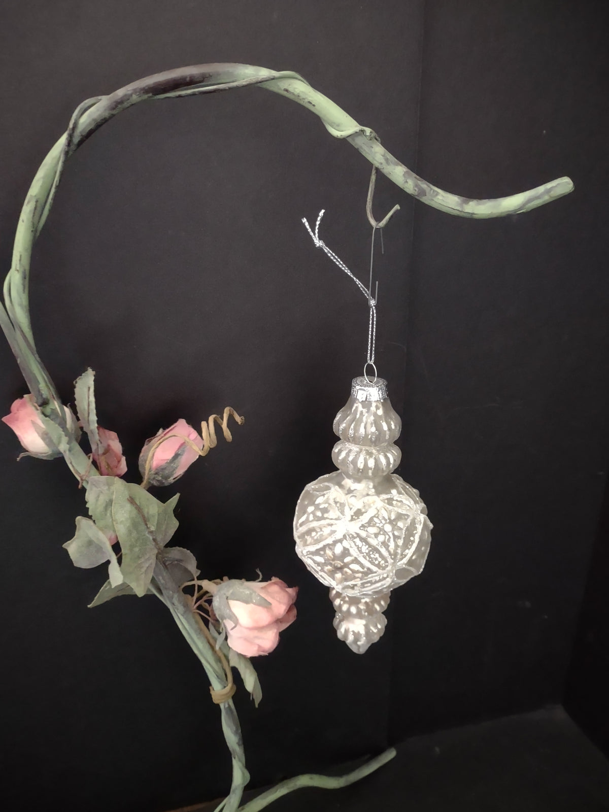 Vintage Christmas Ornament Glass Silvered Ornate Finial 6 Inch [8086]