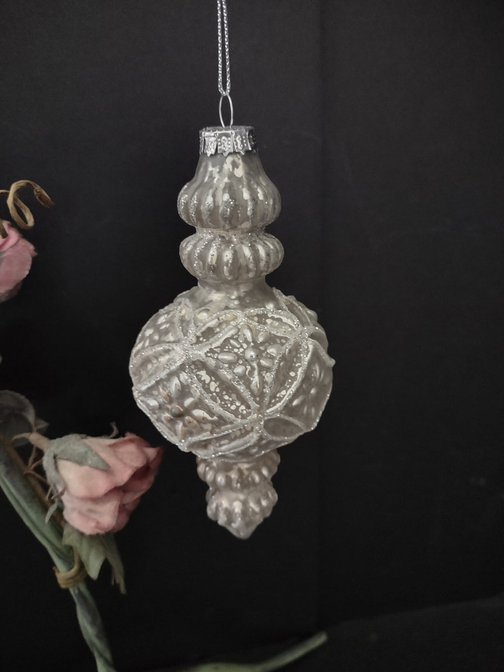 Vintage Christmas Ornament Glass Silvered Ornate Finial 6 Inch [8086]