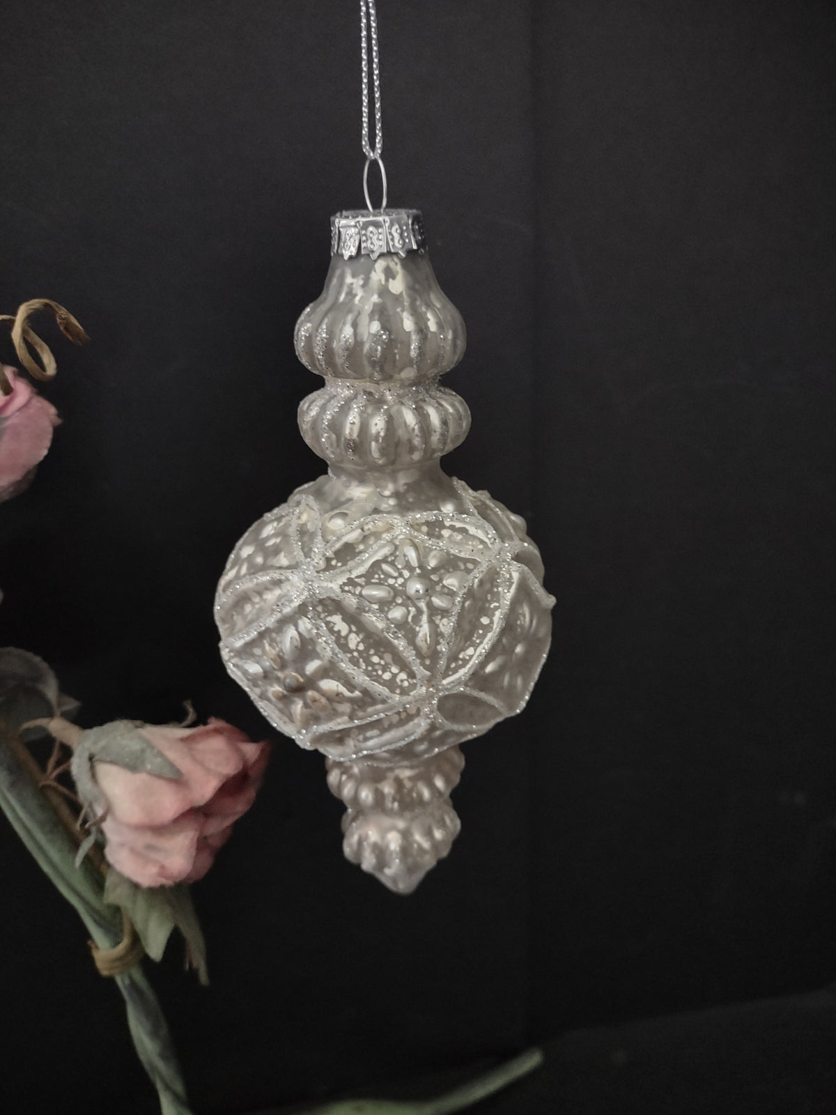 Vintage Christmas Ornament Glass Silvered Ornate Finial 6 Inch [8086]