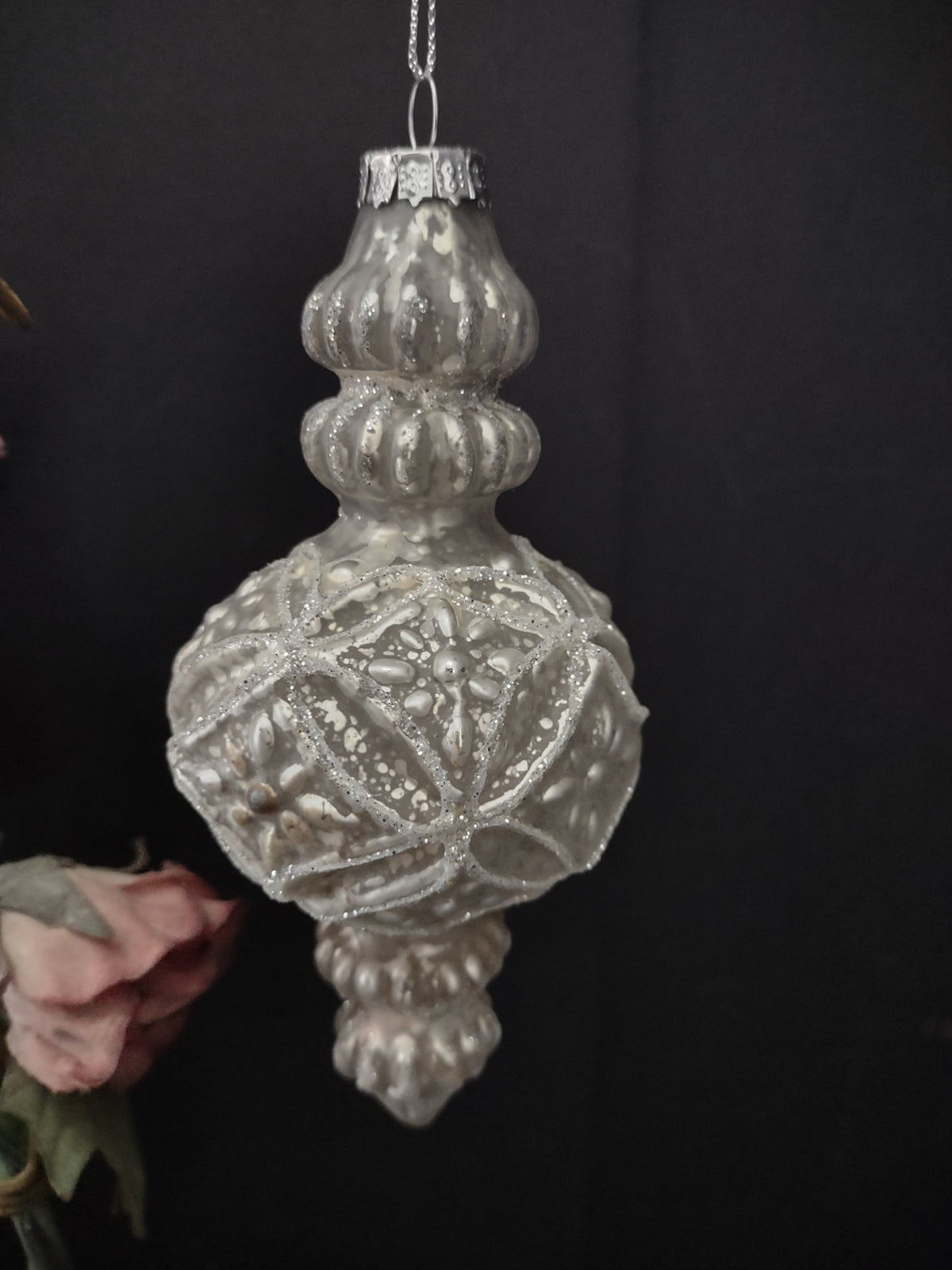Vintage Christmas Ornament Glass Silvered Ornate Finial 6 Inch [8086]