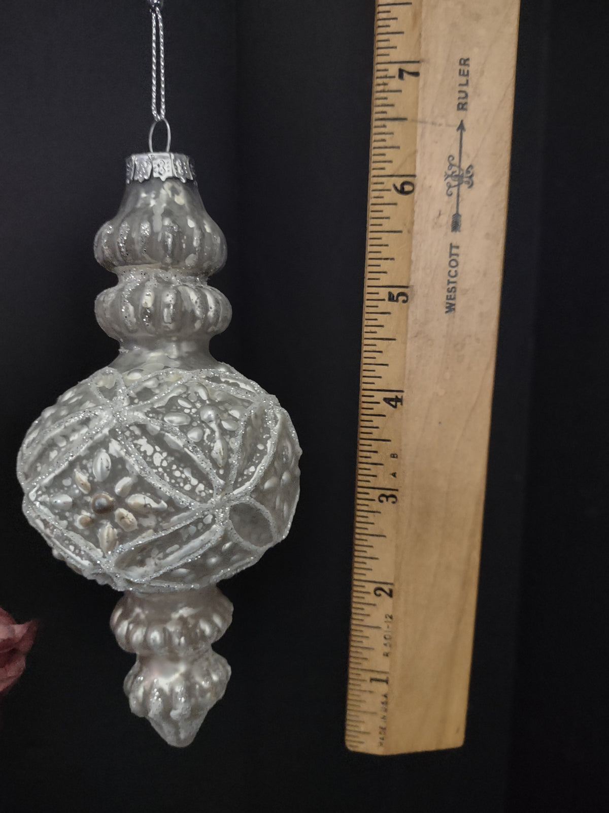 Vintage Christmas Ornament Glass Silvered Ornate Finial 6 Inch [8086]
