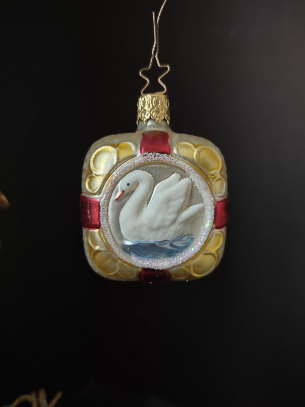 Vintage West Germany Christmas Ornament Peace Dove Red Gold Square 2 Inch [8089]
