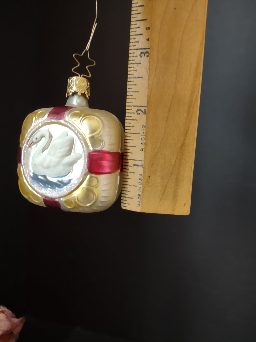 Vintage West Germany Christmas Ornament Peace Dove Red Gold Square 2 Inch [8089]
