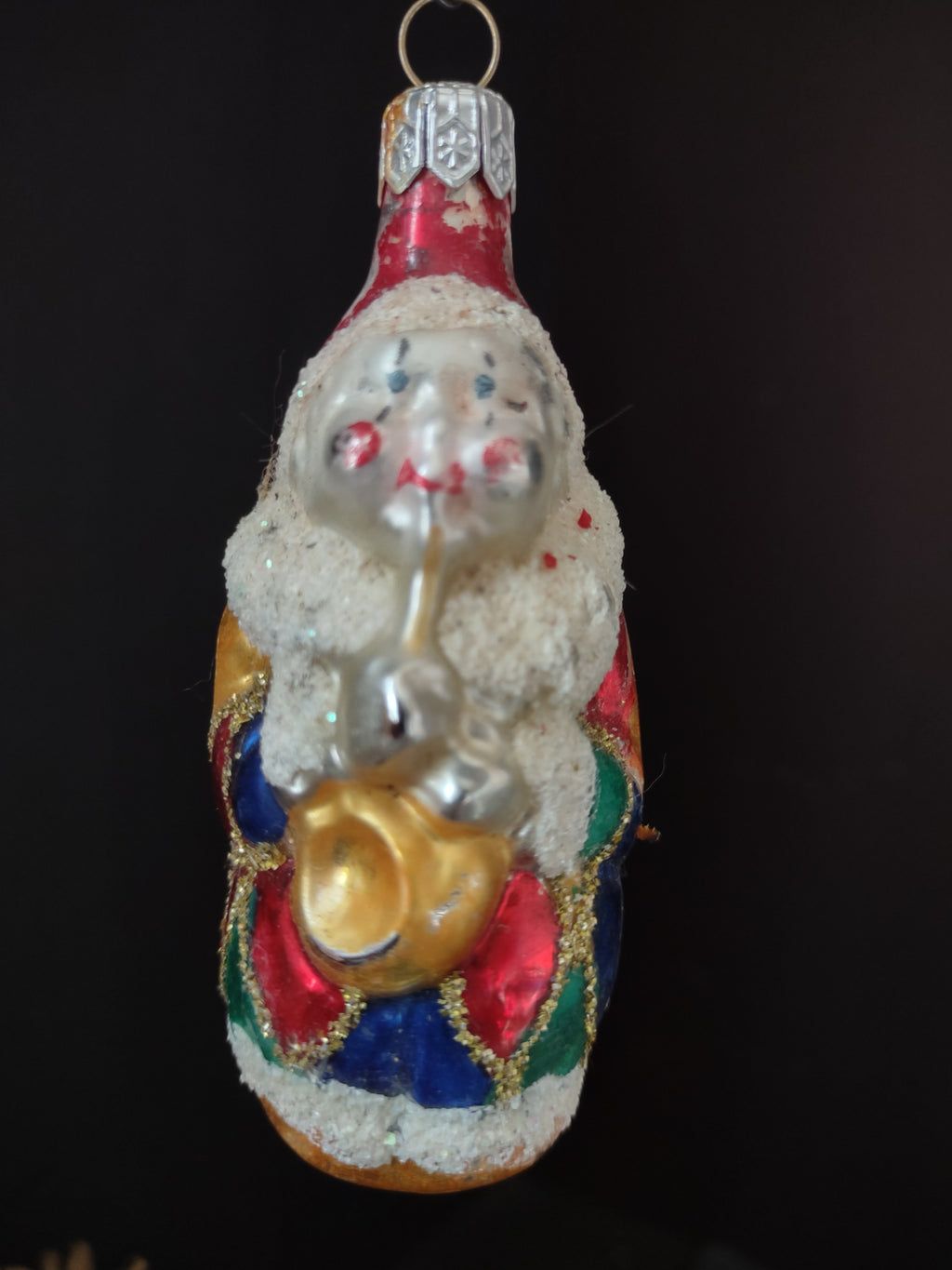 Vintage Poland Glass Clown Christmas Ornament Red Green Blue Gold 3 Inch [8093]