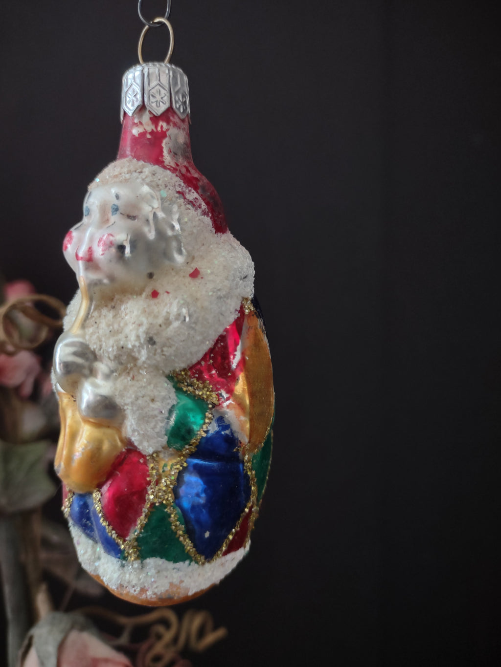 Vintage Poland Glass Clown Christmas Ornament Red Green Blue Gold 3 Inch [8093]