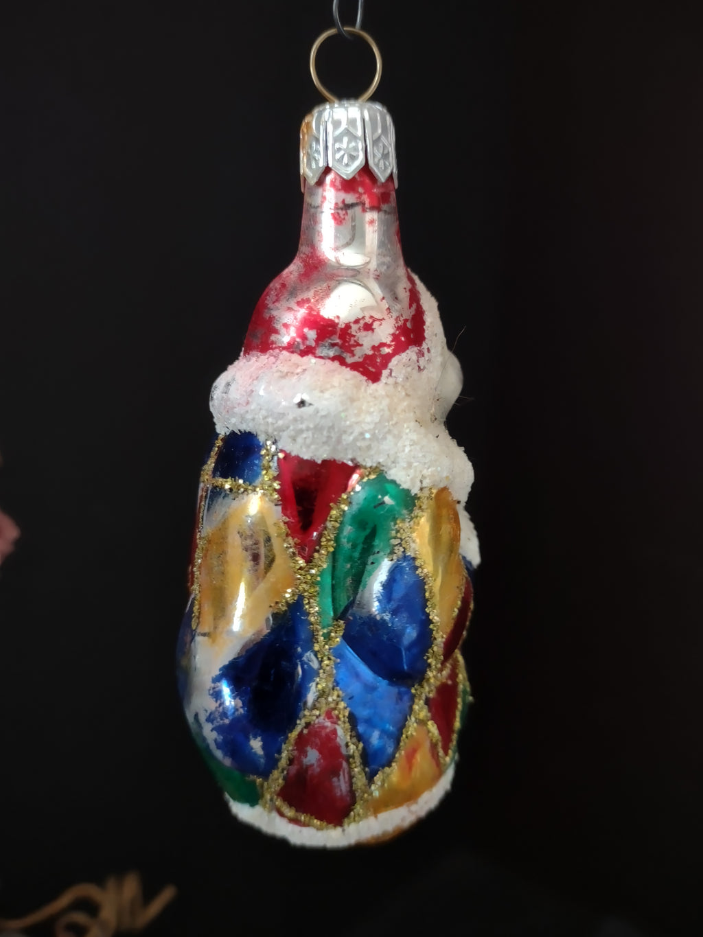 Vintage Poland Glass Clown Christmas Ornament Red Green Blue Gold 3 Inch [8093]