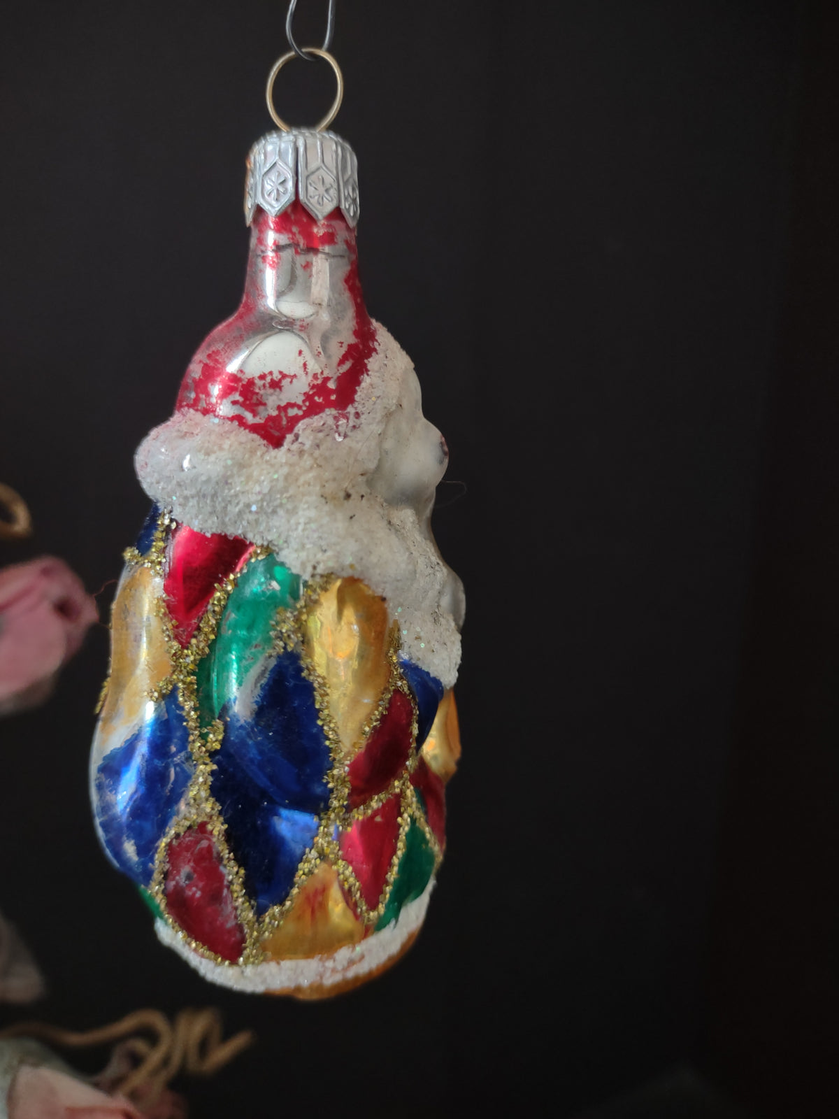 Vintage Poland Glass Clown Christmas Ornament Red Green Blue Gold 3 Inch [8093]